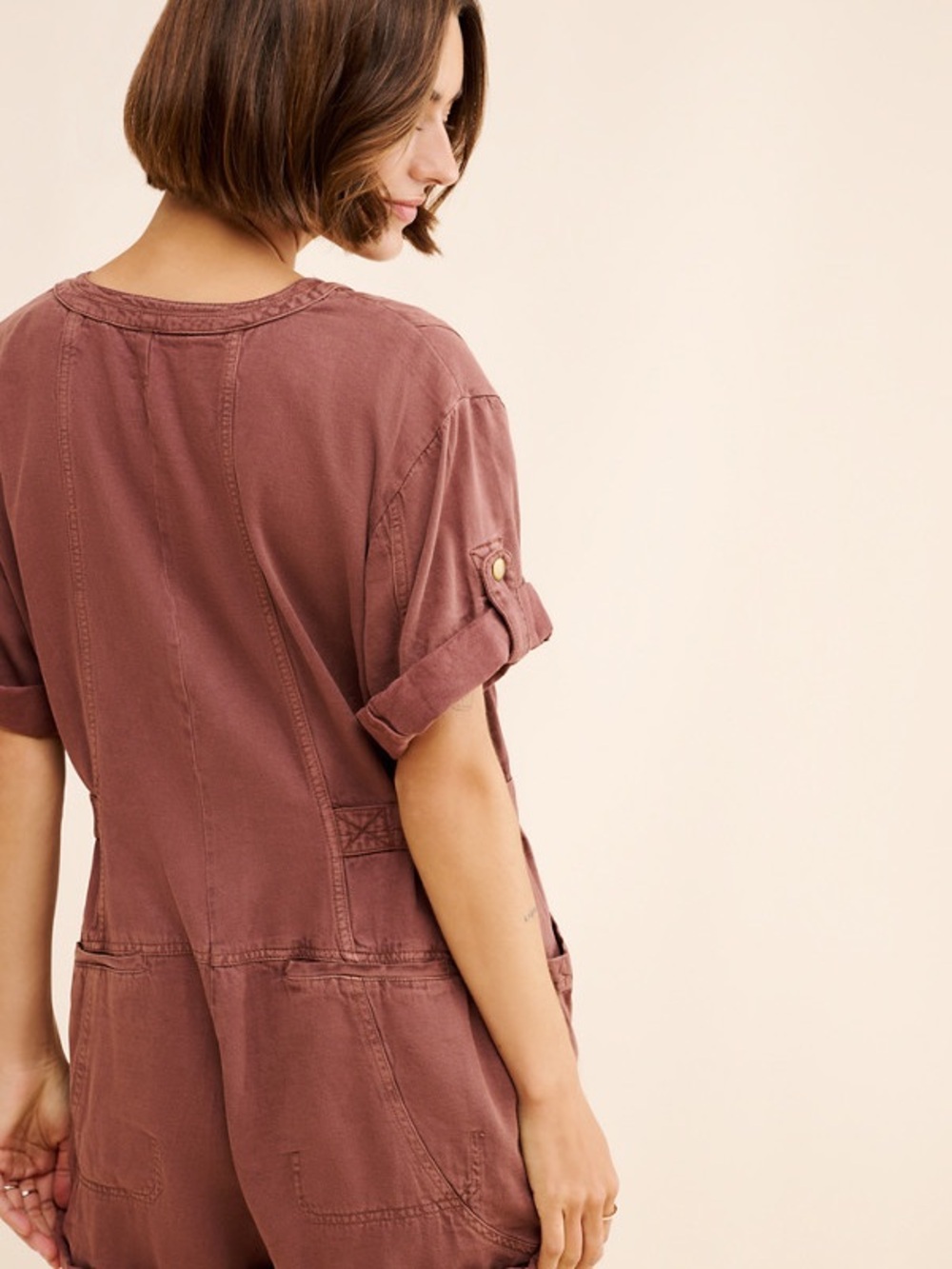 Free People Short-Sleeve Zip Romper in brown size small s let’s ride Shortalls - Picture 2 of 13